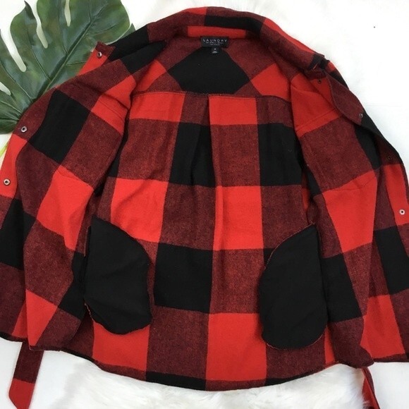Laundry by Shelli Segal Buffalo Plaid Belted Flannel Shacket Red & Black M - Picture 7 of 10